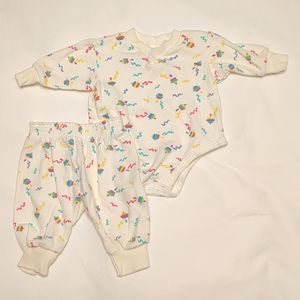 EUC Vintage Baby Girl 80s Multicolor Squiggle Long Sleeve Bodysuit and Pants Set